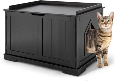 Cat Litter Box Enclosure Bench, Wooden Hidden Litter Box Cabinet with Open Storage Shelf and Removable Divider (Black)